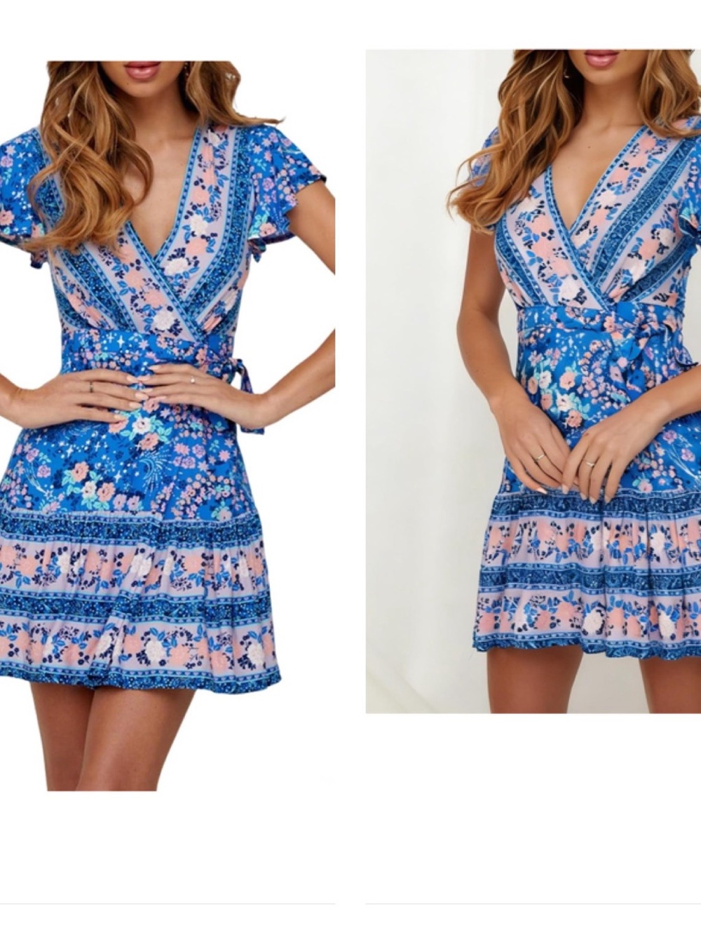 Floral Blue Wrap Mini Dress with Pink Print